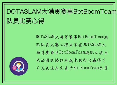 DOTASLAM大满贯赛事BetBoomTeam战队队员比赛心得